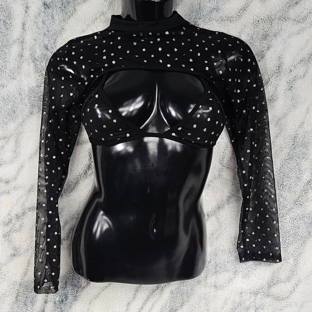 Dolls Kill Black Sheer Mesh Silver Dot Triangle Top and Shrug Rave Set